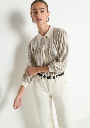 Nation Cecilia Collared Top in Espresso Pinstripe