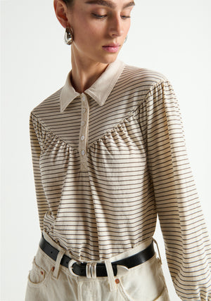 Nation Cecilia Collared Top in Espresso Pinstripe