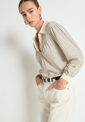 Nation Cecilia Collared Top in Espresso Pinstripe
