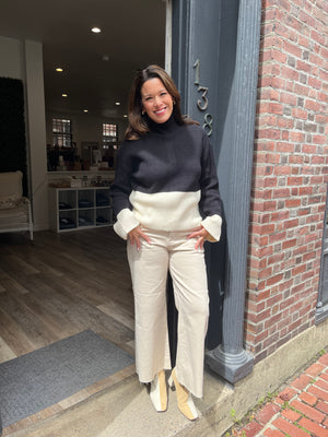 Elan Color Block Mock Neck Sweater in Black/Off White