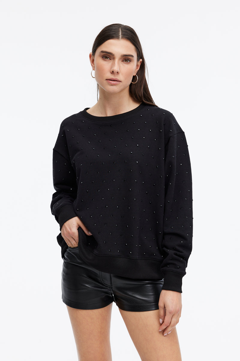 CHRLDR Angela Allover Studs Straight Crewneck Sweatshirt in Black