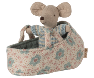 Maileg Baby Mouse in Carry Cot in Blue