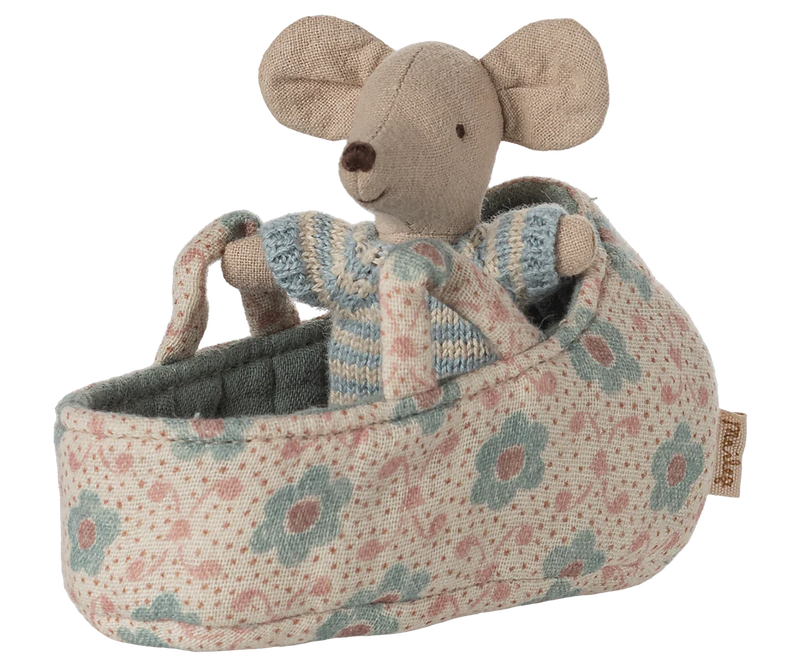 Maileg Baby Mouse in Carry Cot in Blue