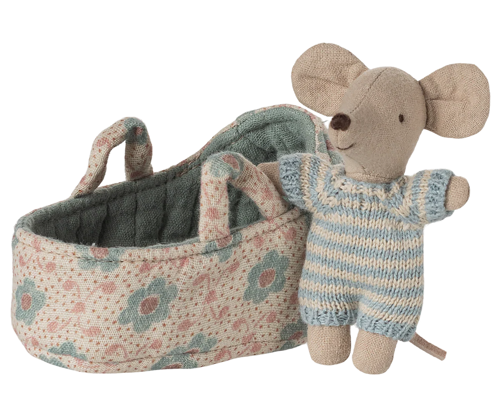 Maileg Baby Mouse in Carry Cot in Blue