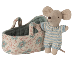 Maileg Baby Mouse in Carry Cot in Blue