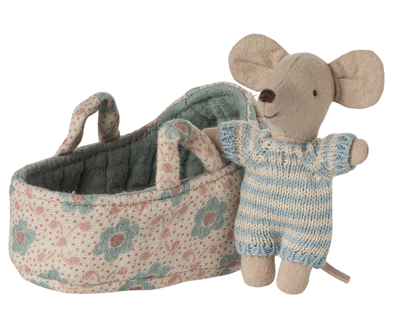Maileg Baby Mouse in Carry Cot in Blue