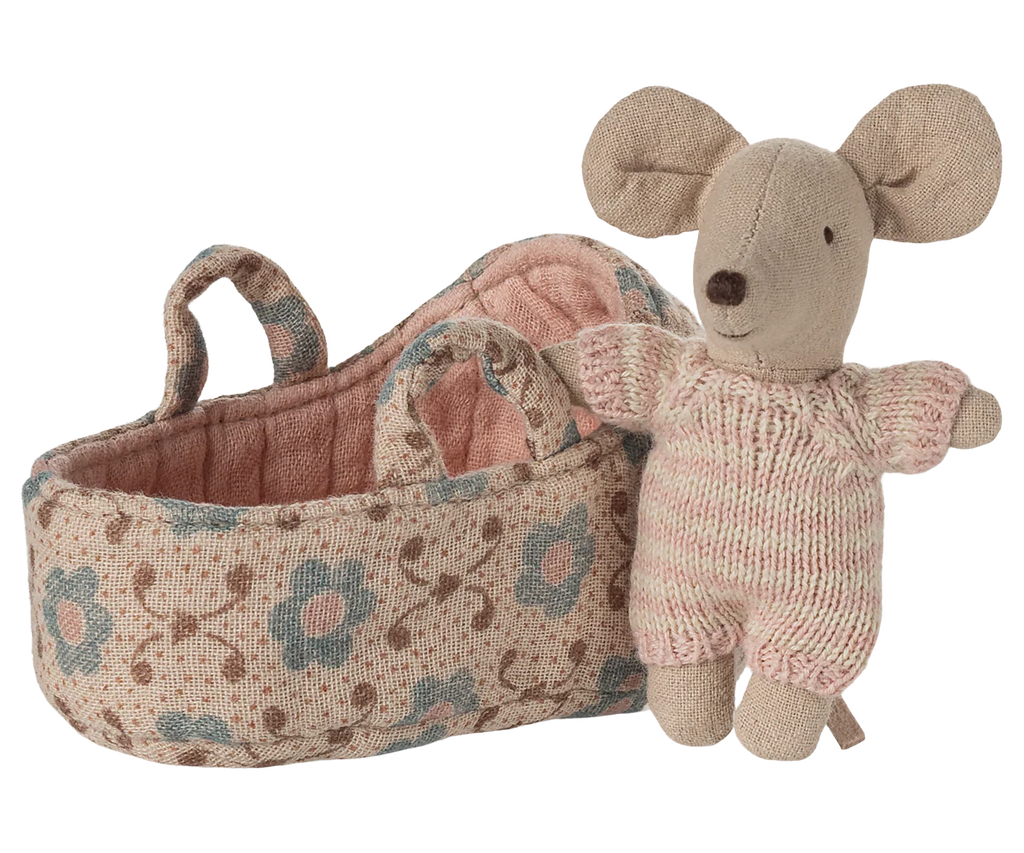 Maileg Baby Mouse in Carry Cot in Rose