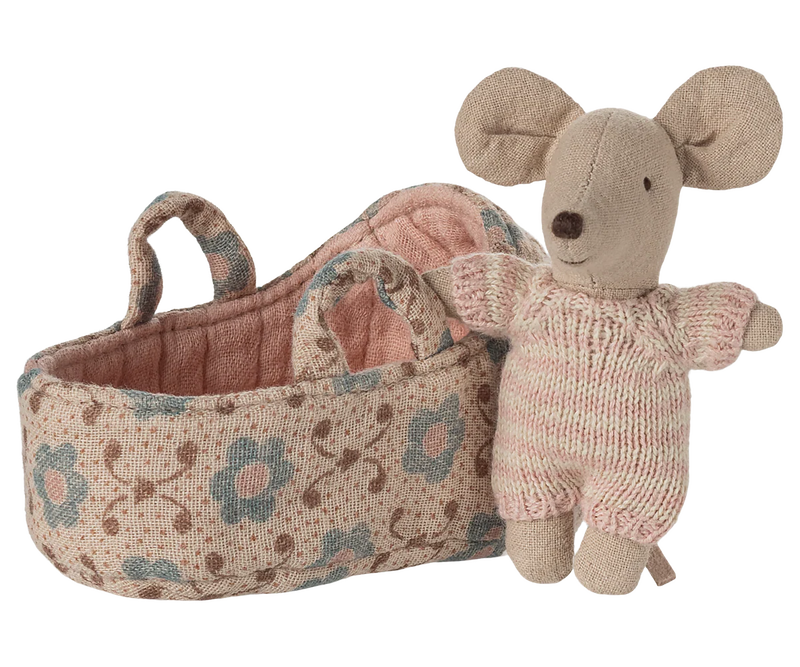 Maileg Baby Mouse in Carry Cot in Rose