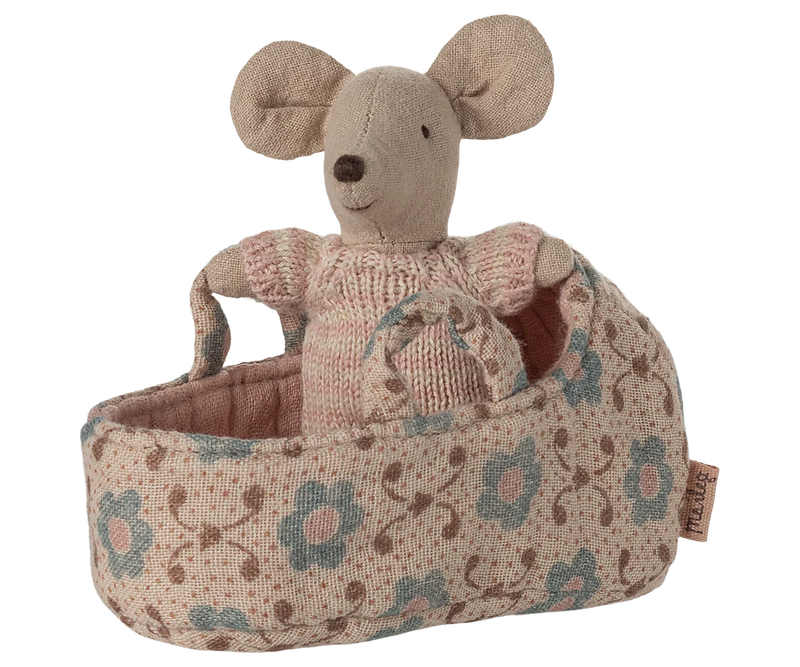 Maileg Baby Mouse in Carry Cot in Rose