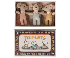Maileg Triplets Baby Mice in a Box-Checkered Outfits