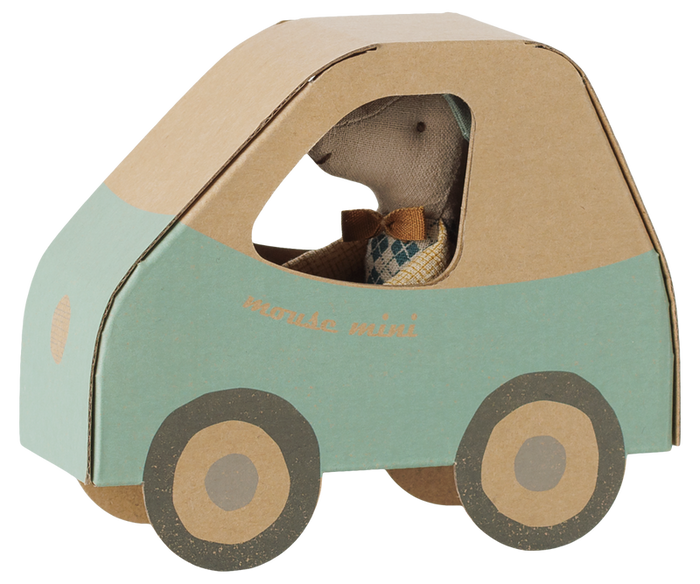 Maileg Driver Mouse Little Brother in Green Car Box