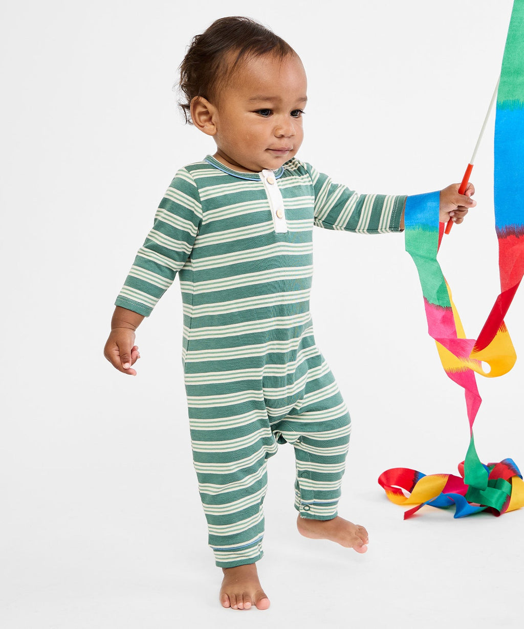 Oso & Me Baby Campbell Romper in Pine Twin Stripe