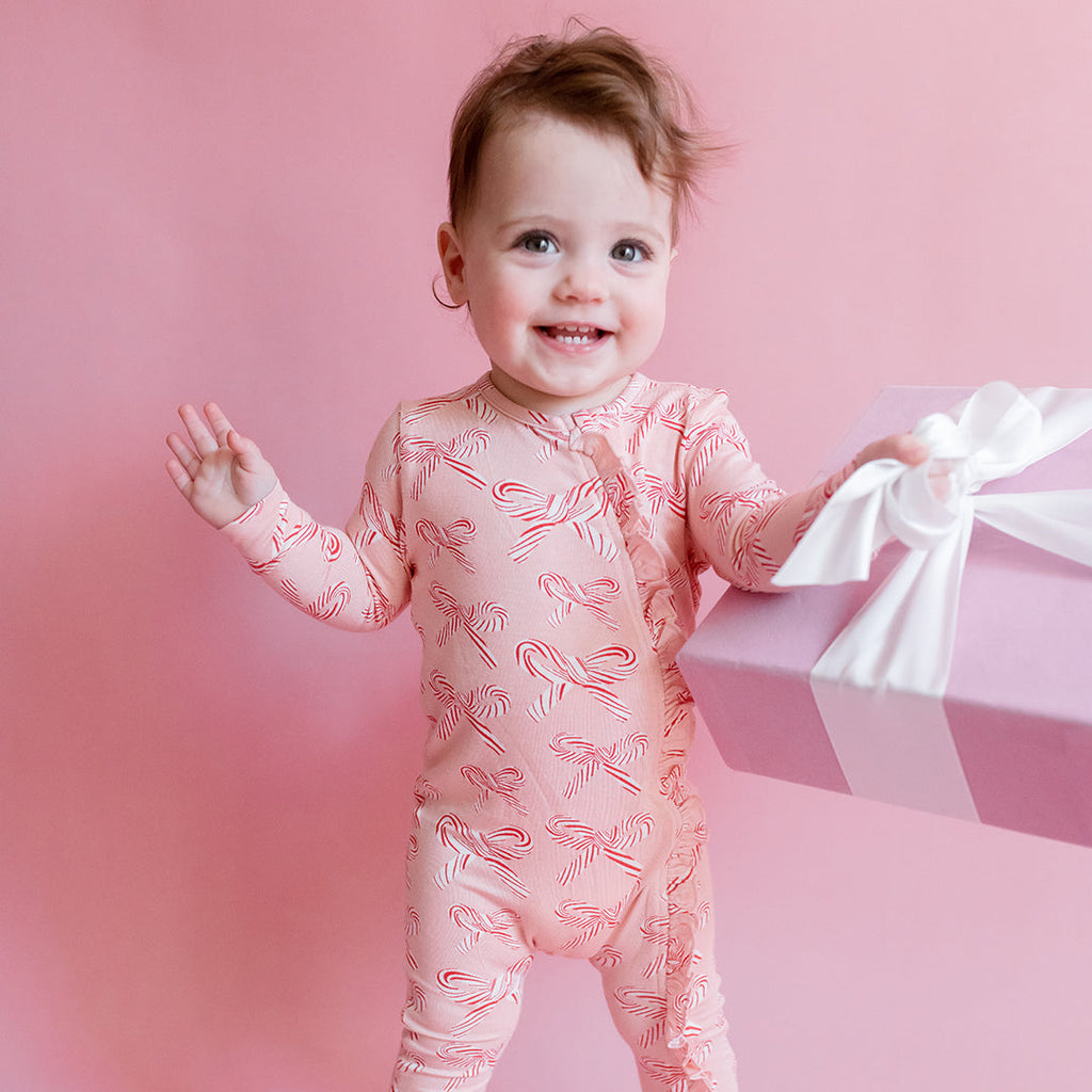 Pink Chicken Bamboo Ruffle Romper in Candy Cane Bows