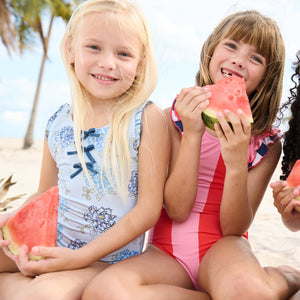 Pink Chicken Sylvie Bow Swimsuit in Blue Quilt Floral