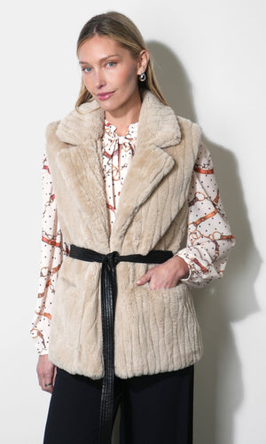 Greylin Cosette Faux Fur Vest With Tie Belt in Oyster