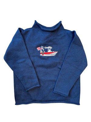 A Soft Idea Roll Neck Sweater in Navy with Holiday Boat