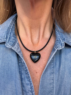 Forever Blythe Obsidian Heart Necklace on Black Braided Leather