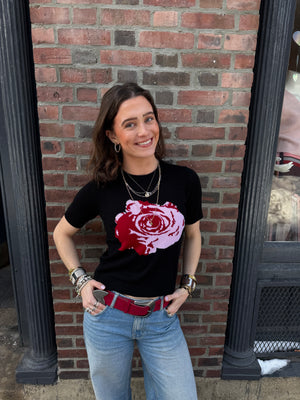 Autumn Cashmere Short Sleeve Rose Cropped Sweater in Black