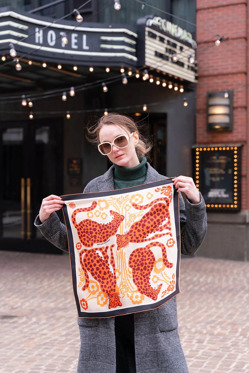 Jessie Zhao New York Silk Bandana 21" Scarf in Leopards Floral Fountain