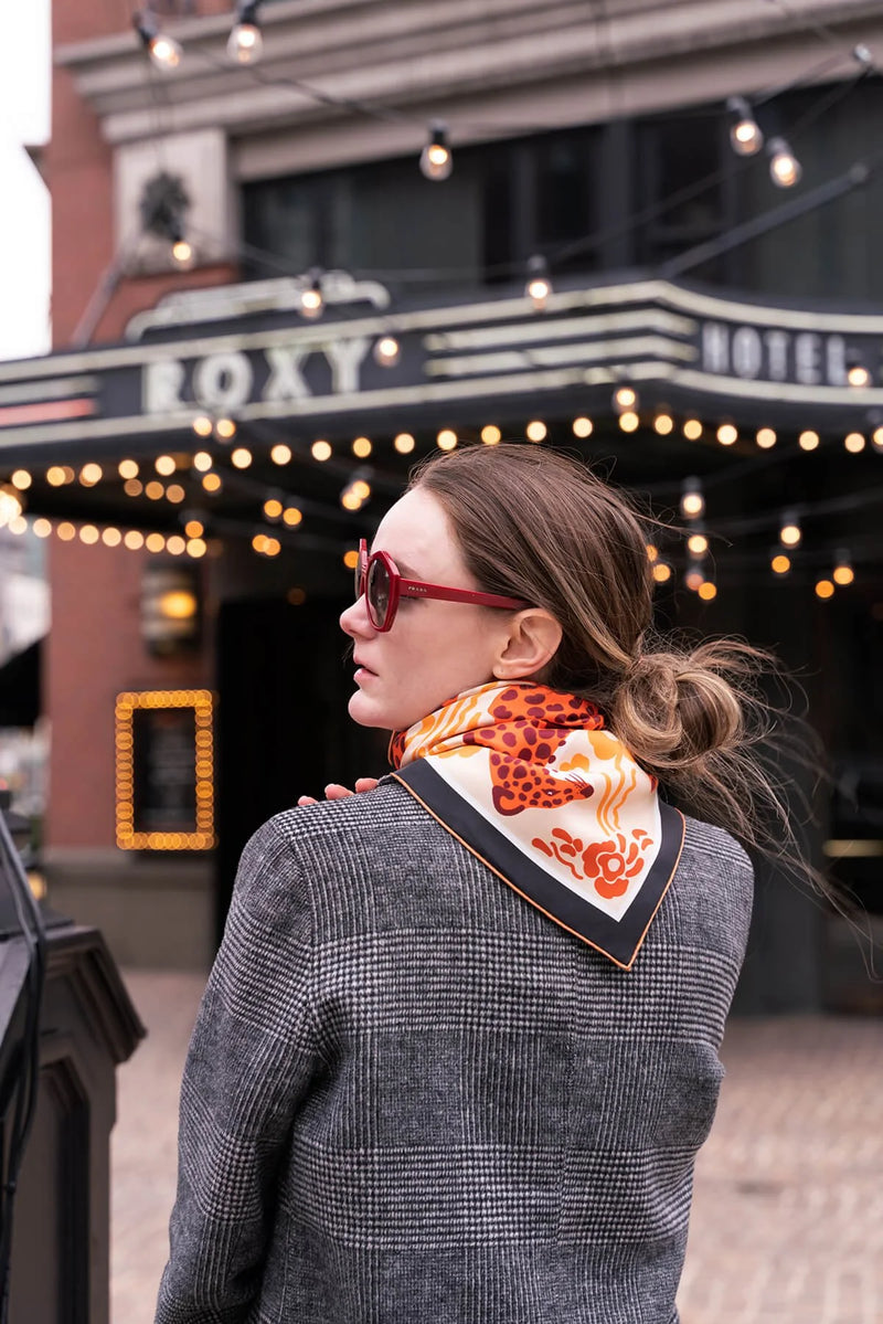 Jessie Zhao New York Silk Bandana 21" Scarf in Leopards Floral Fountain