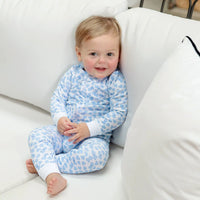 Lila + Hayes Parker Zip Footie in Blue Confetti Hearts