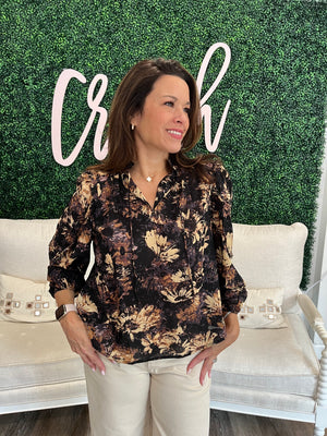 Elan Peasant Blouse in Black Tuscany Floral