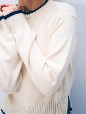 White + Warren Varsity Cotton Crew Sweater in Ivory/Navy
