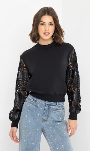 Generation Love Theron Guipure Sleeve Sweatshirt in Black