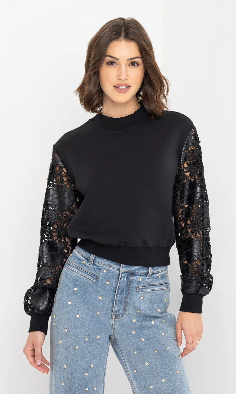 Generation Love Theron Guipure Sleeve Sweatshirt in Black