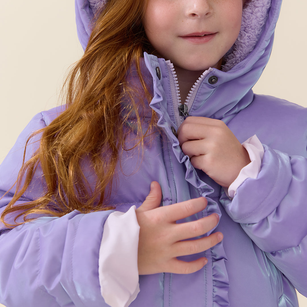 Pink Chicken Ruffle Pete Puffer in Lavender