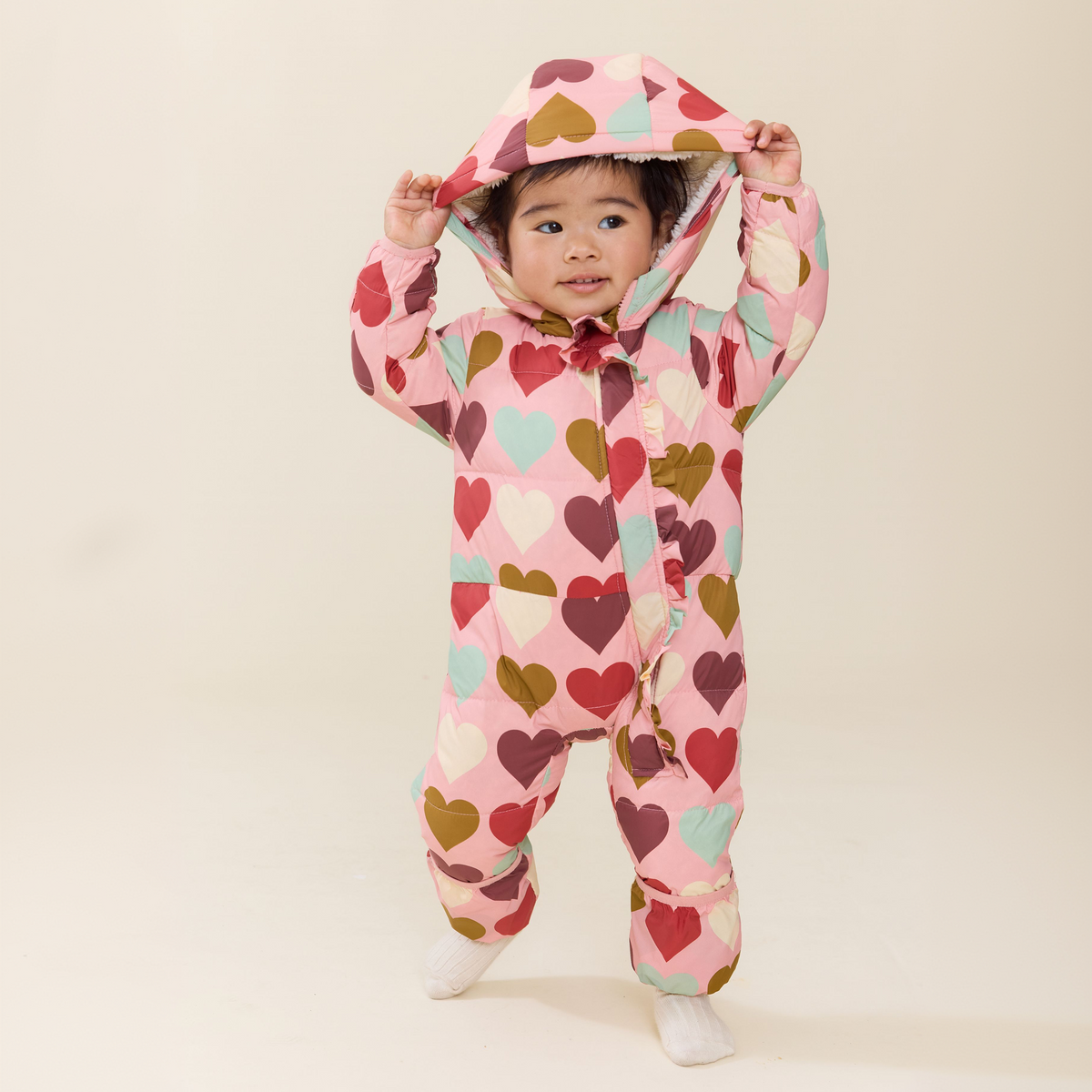 Pink Chicken Baby Girls Ruffle Snowsuit in Harvest Hearts