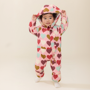 Pink Chicken Baby Girls Ruffle Snowsuit in Harvest Hearts
