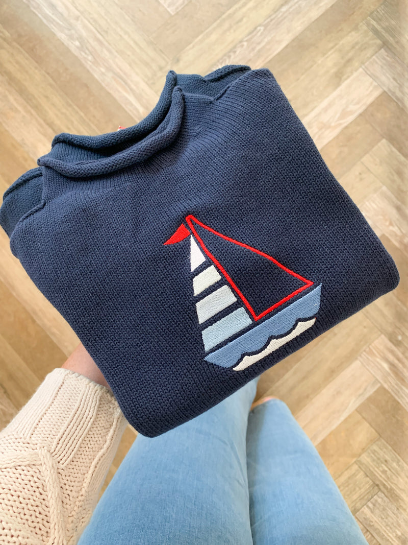 A Soft Idea Roll Neck Sweater in Navy with Sailboat