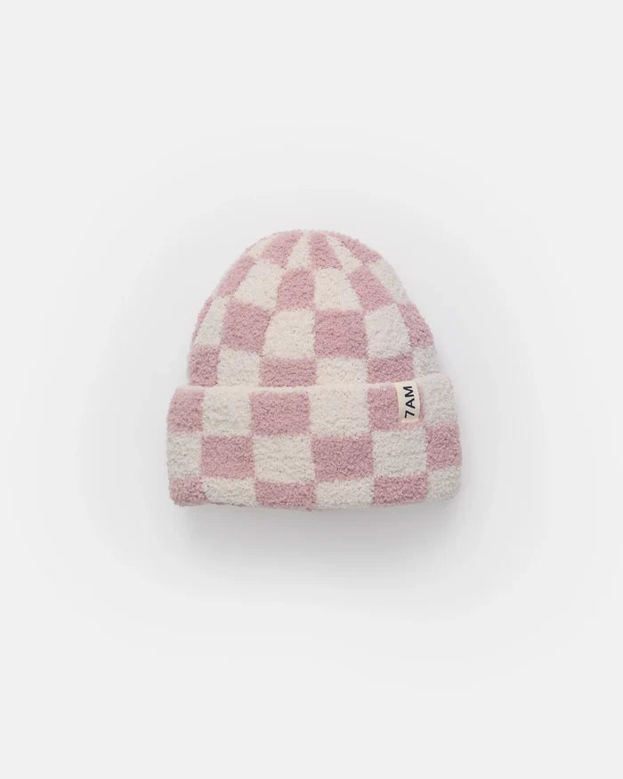 7am Enfant Fuzzy Checkered Ribbed Beanie in Ecru/Ash Rose