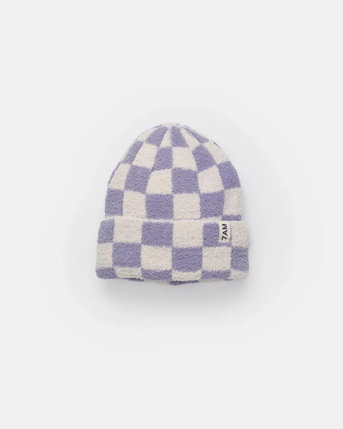 7am Enfant Fuzzy Checkered Ribbed Beanie in Ecru/Taro