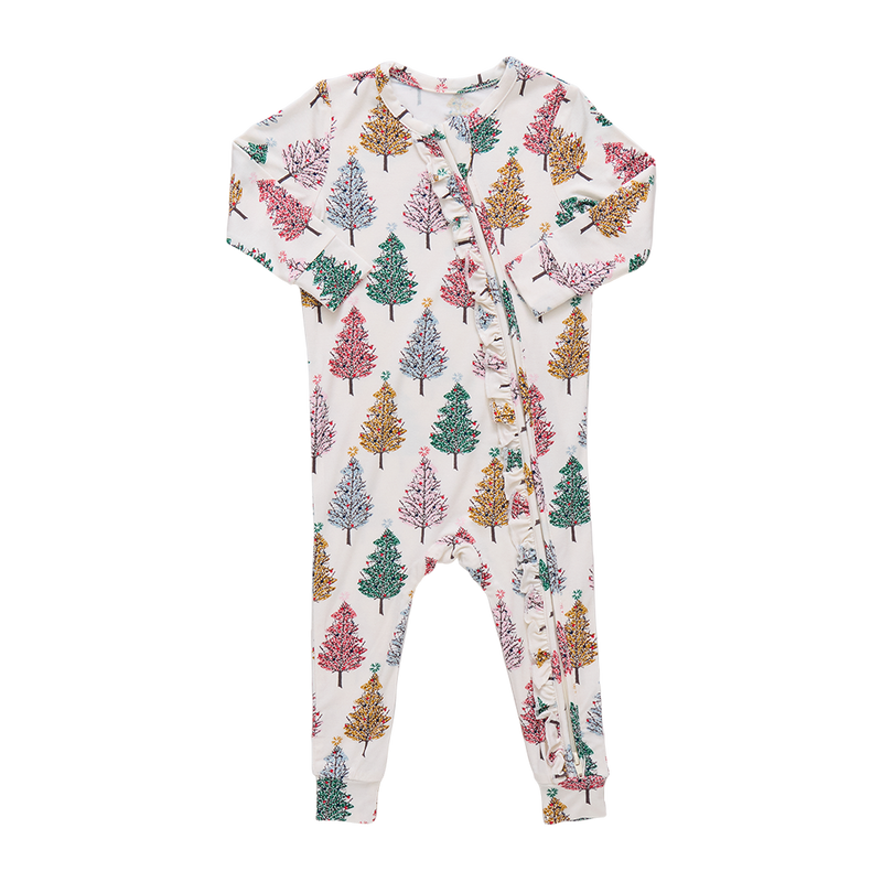 Pink Chicken Bamboo Ruffle Romper in Christmas Trees