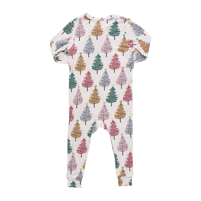 Pink Chicken Bamboo Ruffle Romper in Christmas Trees