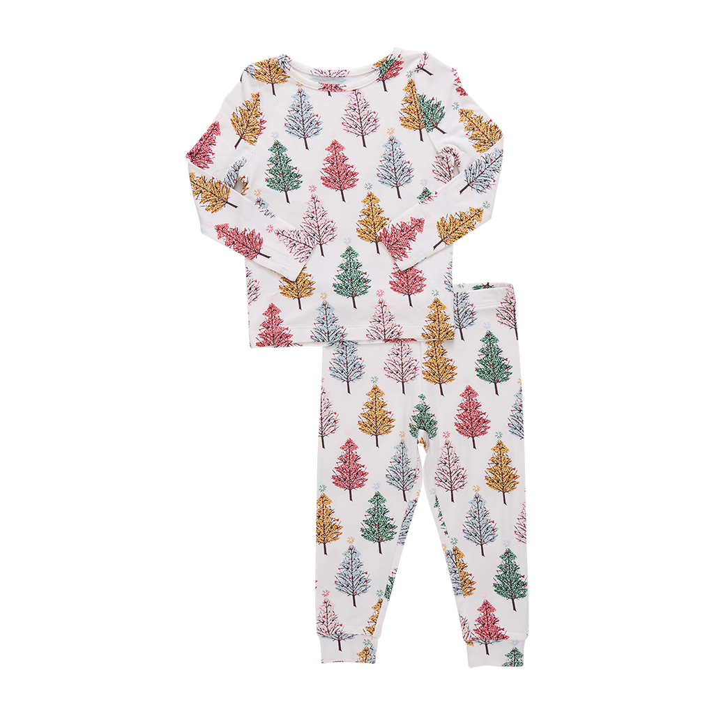 Pink Chicken Bamboo Pajama Set in Christmas Trees