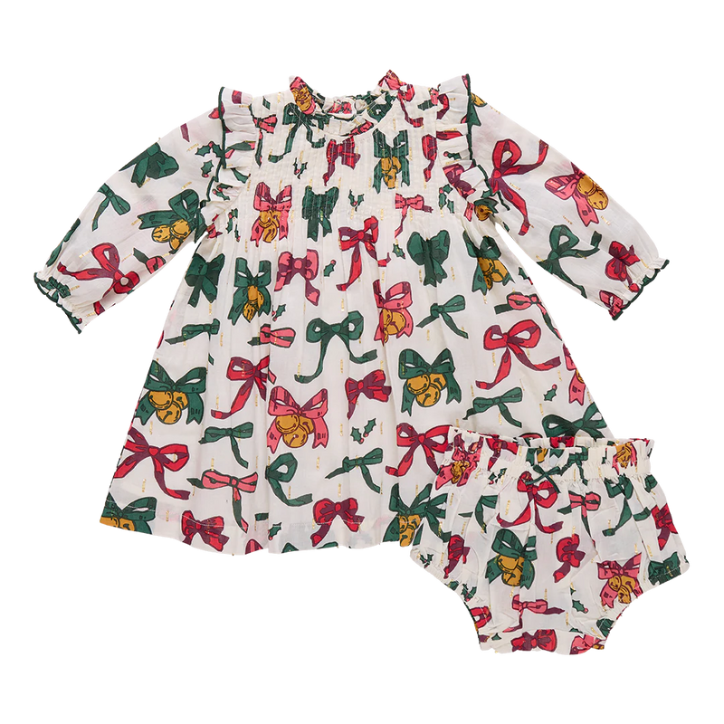 Pink Chicken Baby Girls Jaipur Dress in Christmas Bows and Bells