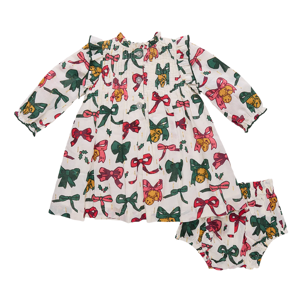Pink Chicken Baby Girls Jaipur Dress in Christmas Bows and Bells