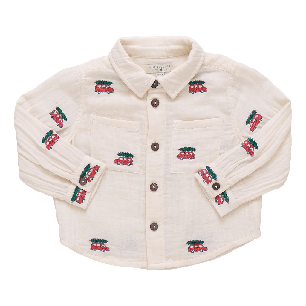 Pink Chicken Boys Jack Shirt in Tree Farm Embroidery