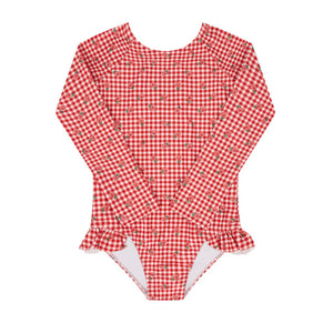 Minnow Girls Cranberry Gingham Rash Guard One Piece