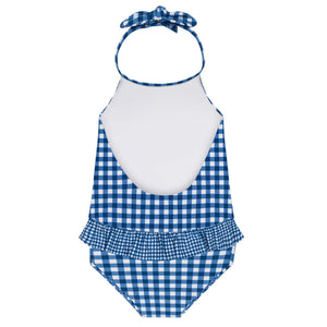 Minnow Girls Navy Picnic Gingham Ruffle Halter One Piece