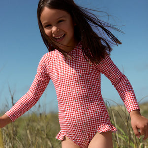 Minnow Girls Cranberry Gingham Rash Guard One Piece