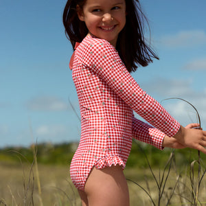 Minnow Girls Cranberry Gingham Rash Guard One Piece