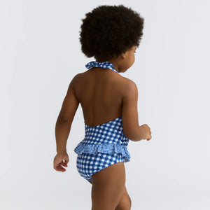 Minnow Girls Navy Picnic Gingham Ruffle Halter One Piece