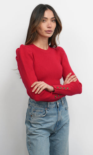 Greylin Dani Button Puff Sleeve Ribbed Knit Top in Red