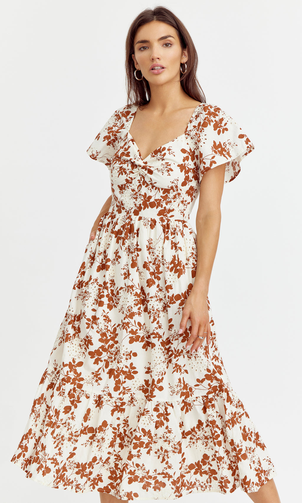 Greylin Trexx Embroidered Cotton Dress in Cream/Rust