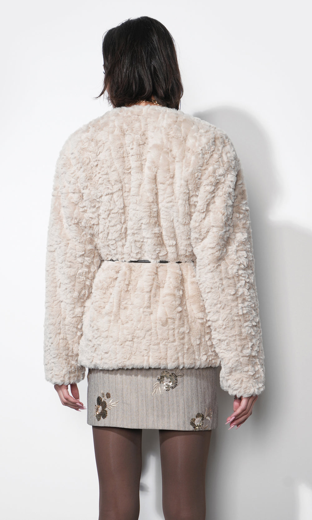Greylin Yuri Collarless Faux Fur Jacket in Cream