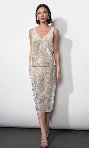 Greylin Gianna Velvet Sequin Midi Skirt in Cream